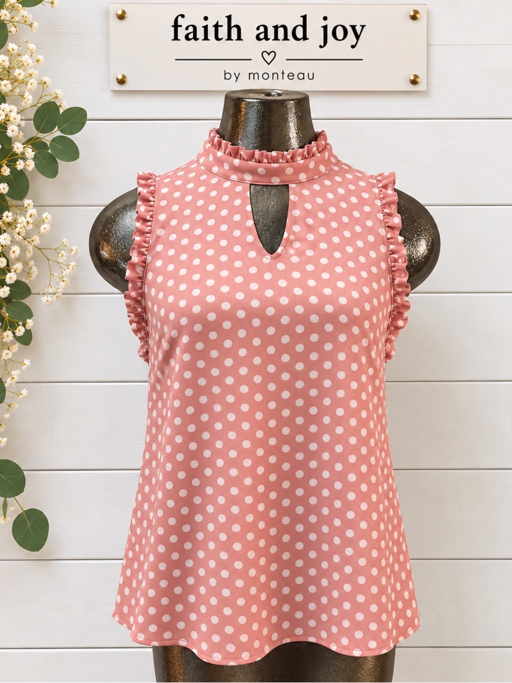 FAITH AND JOY Pink Polka Dot Sleeveless Blouse Size M